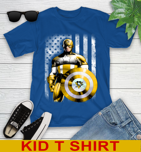 Pittsburgh Penguins NHL Hockey Captain America Marvel Avengers American Flag Shirt Youth T-Shirt 10