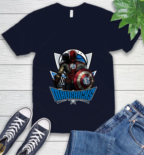Dallas Mavericks NBA Basketball Captain America Thor Spider Man Hawkeye Avengers V-Neck T-Shirt 3