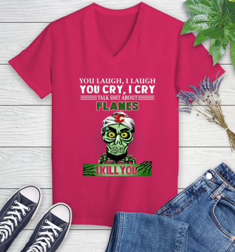 NHL Talk Shit About Calgary Flames I Kill You Achmed The Dead Terrorist Jeffrey Dunham Hockey Women's V-Neck T-Shirt 9