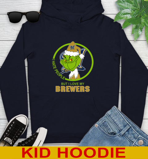 Milwaukee Brewers MLB Christmas Grinch I Hate People But I Love My Favorite Baseball Team Youth Hoodie 4