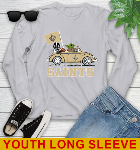 NFL Football New Orleans Saints Darth Vader Baby Yoda Driving Star Wars Shirt Youth Long Sleeve 6