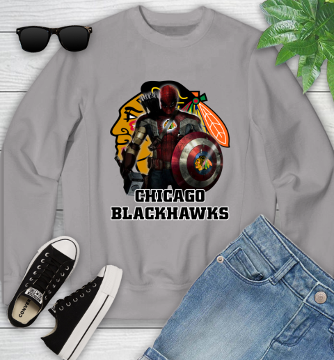 NHL Captain America Thor Spider Man Hawkeye Avengers Endgame Hockey Chicago Blackhawks Youth Sweatshirt 4