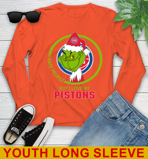 Detroit Pistons NBA Christmas Grinch I Hate People But I Love My Favorite Basketball Team Youth Long Sleeve 4