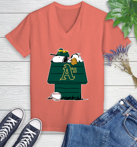 MLB Oakland Athletics Snoopy Woodstock The Peanuts Movie Baseball T Shirt Women's V-Neck T-Shirt 6