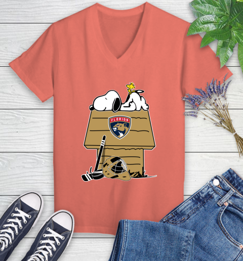 Florida Panthers NHL Hockey Snoopy Woodstock The Peanuts Movie Women's V-Neck T-Shirt 6