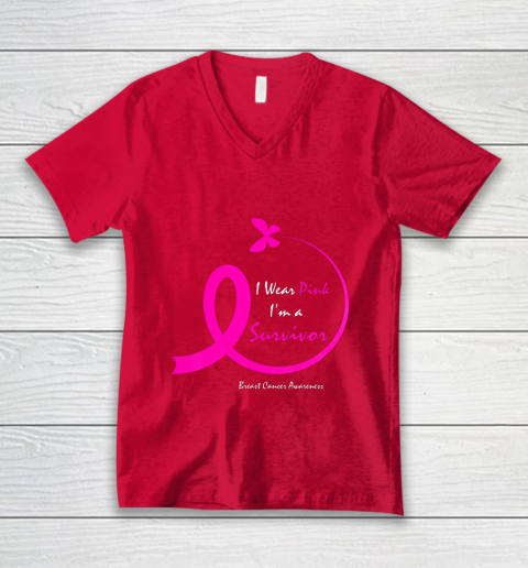 Womens Butterfly I Wear Pink I m A Survivor Breast Cancer Awareness V-Neck T-Shirt 6