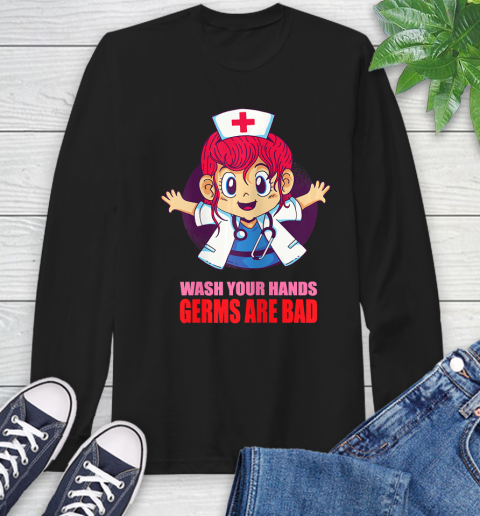 Nurse Shirt Wash Your Hands Germs Are Bad Nurse Cartoon girl 2020 T Shirt Long Sleeve T-Shirt