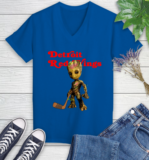 Detroit Red Wings NHL Hockey Groot Marvel Guardians Of The Galaxy Women's V-Neck T-Shirt 10