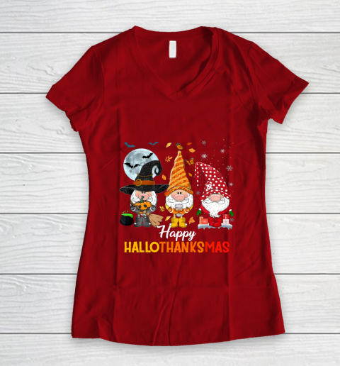 Gnomes Halloween And Merry Christmas Happy Hallothanksmas Women's V-Neck T-Shirt 8