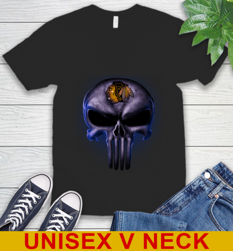 Chicago Blackhawks NHL Hockey Punisher Skull Sports V-Neck T-Shirt