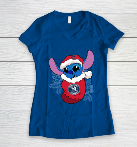 New York Yankees Christmas Stitch In The Sock Funny Disney MLB Women's V-Neck T-Shirt 9
