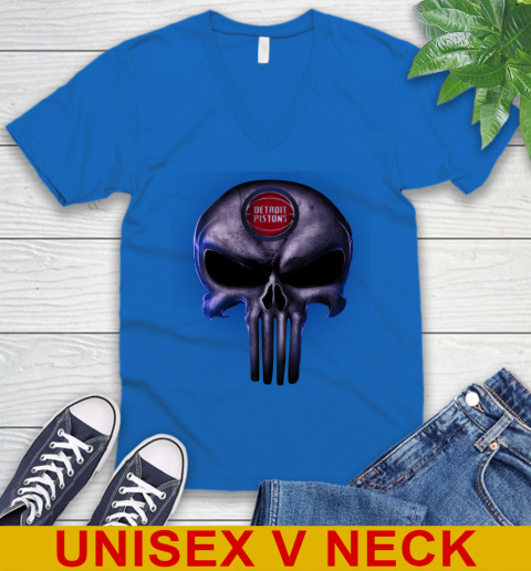 Detroit Pistons NBA Basketball Punisher Skull Sports V-Neck T-Shirt 5