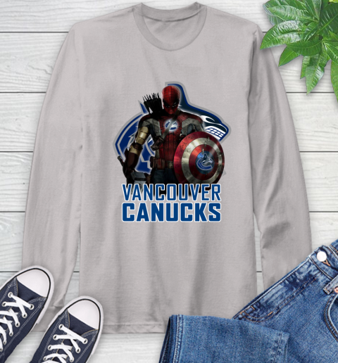 NHL Captain America Thor Spider Man Hawkeye Avengers Endgame Hockey Vancouver Canucks Long Sleeve T-Shirt 12