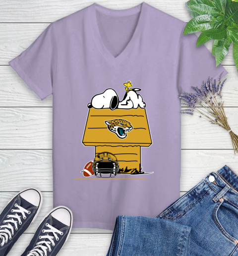 Jacksonville Jaguars NFL Football Snoopy Woodstock The Peanuts Movie Women's V-Neck T-Shirt 14