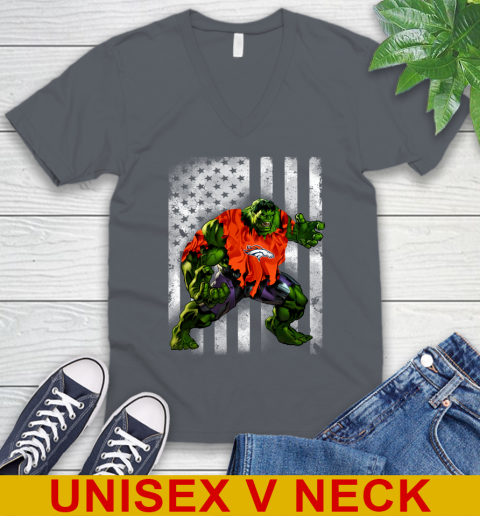 Denver Broncos Hulk Marvel Avengers NFL Football American Flag V-Neck T-Shirt 4