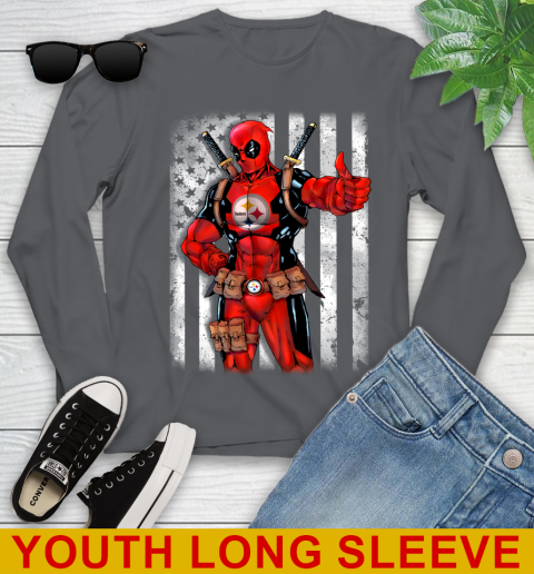 NFL Football Pittsburgh Steelers Deadpool American Flag Shirt Youth Long Sleeve 9