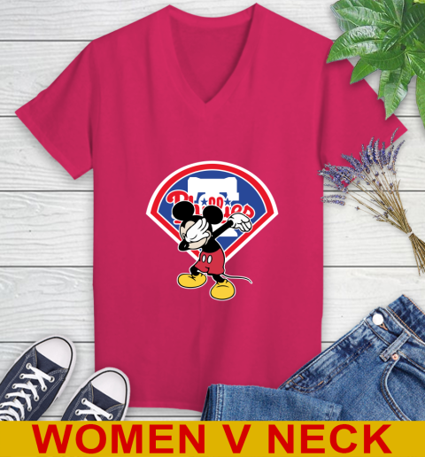 Philadelphia Phillies MLB Baseball Dabbing Mickey Disney Sports Women's V-Neck T-Shirt 10