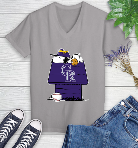 MLB Colorado Rockies Snoopy Woodstock The Peanuts Movie Baseball T Shirt Women's V-Neck T-Shirt 4
