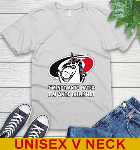 Carolina Hurricanes NHL Hockey Unicorn I'm Not Anti Hater I'm Anti Bullshit V-Neck T-Shirt