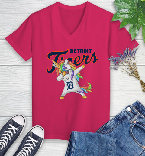 Detroit Tigers MLB Baseball Funny Unicorn Dabbing Sports Women's V-Neck T-Shirt 9