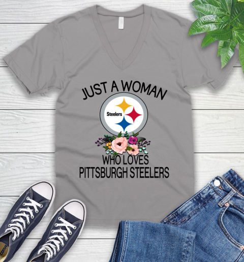 NFL Just A Woman Who Loves Pittsburgh Steelers Football Sports V-Neck T-Shirt 2