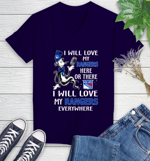 NHL Hockey New York Rangers I Will Love My Rangers Everywhere Dr Seuss Shirt Women's V-Neck T-Shirt 3