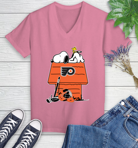 Philadelphia Flyers NHL Hockey Snoopy Woodstock The Peanuts Movie Women's V-Neck T-Shirt 13