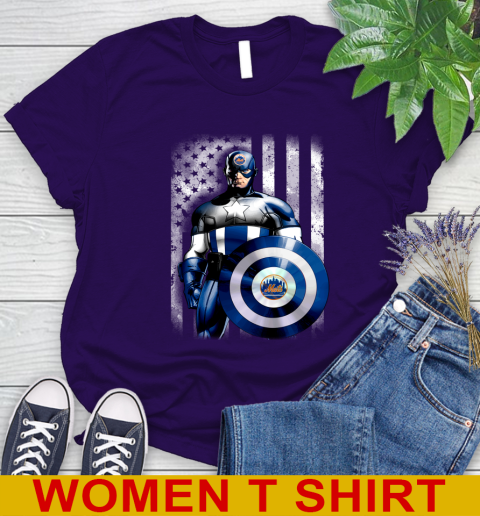 New York Mets MLB Baseball Captain America Marvel Avengers American Flag Shirt Women's T-Shirt 4