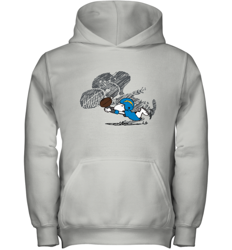 kkqk los angeles chargers snoopy plays the football game youth hoodie 43 front white