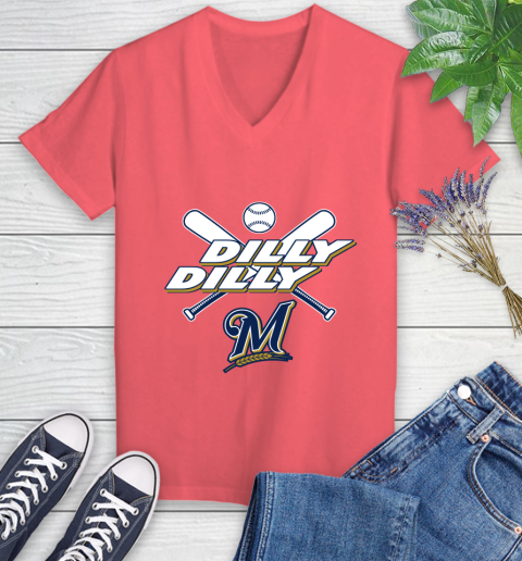 MLB Milwaukee Brewers Dilly Dilly Baseball Sports Women's V-Neck T-Shirt 6