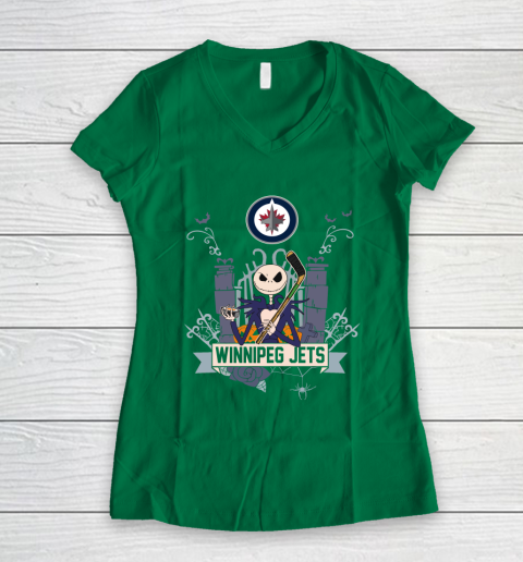 NHL Winnipeg Jets Hockey Jack Skellington Halloween Women's V-Neck T-Shirt 3