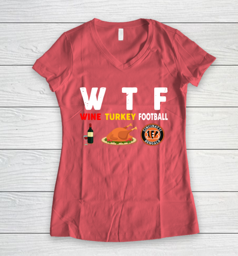 Cincinnati Bengals Giving Day WTF Wine Turkey Football NFL Women's V-Neck T-Shirt 4