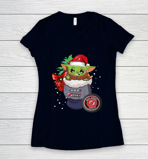 New Jersey Devils Christmas Baby Yoda Star Wars Funny Happy NHL Women's V-Neck T-Shirt 3