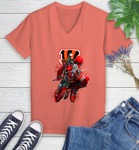 NFL Deadpool Marvel Comics Sports Football Cincinnati Bengals Women's V-Neck T-Shirt 6
