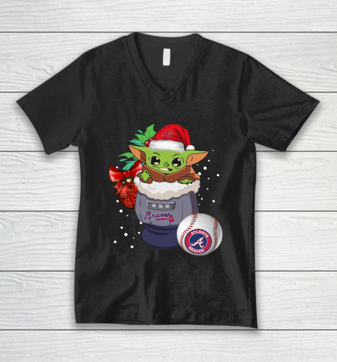 Atlanta Braves Christmas Baby Yoda Star Wars Funny Happy MLB V-Neck T-Shirt