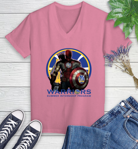 Golden State Warriors NBA Basketball Captain America Thor Spider Man Hawkeye Avengers Women's V-Neck T-Shirt 13