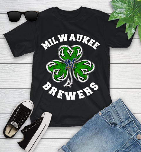 MLB Milwaukee Brewers Three Leaf Clover St Patrick's Day Baseball Sports Youth T-Shirt