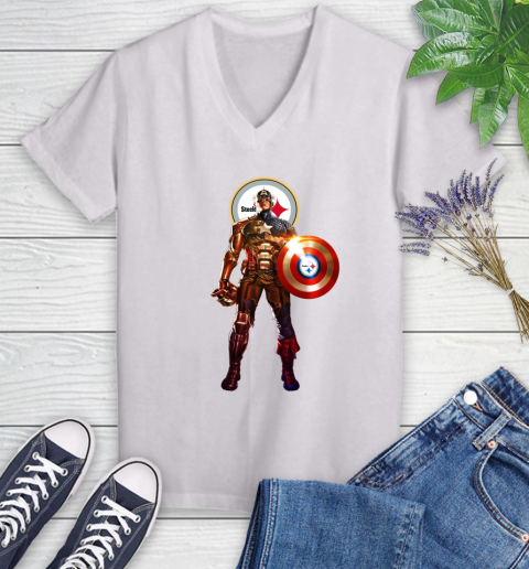 NFL Captain America Marvel Avengers Endgame Football Sports Pittsburgh Steelers Women's V-Neck T-Shirt