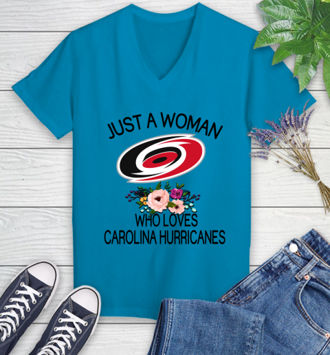 NHL Just A Woman Who Loves Carolina Hurricanes Hockey Sports Women's V-Neck T-Shirt 4