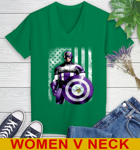 Minnesota Vikings NFL Football Captain America Marvel Avengers American Flag Shirt Women's V-Neck T-Shirt 5