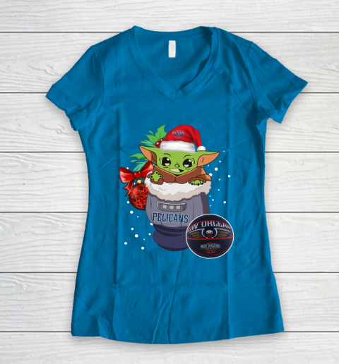 New Orleans Pelicans Christmas Baby Yoda Star Wars Funny Happy NBA Women's V-Neck T-Shirt 7