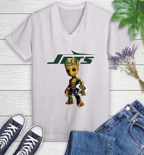 New York Jets NFL Football Groot Marvel Guardians Of The Galaxy Women's V-Neck T-Shirt