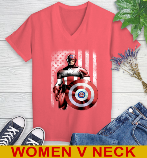 Chicago Cubs MLB Baseball Captain America Marvel Avengers American Flag Shirt Women's V-Neck T-Shirt 6