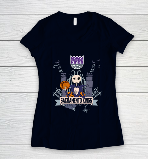NBA Sacramento Kings Basketball Jack Skellington Halloween Women's V-Neck T-Shirt 2