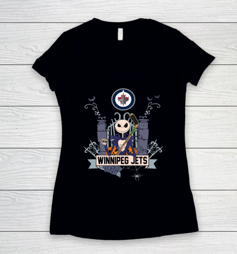 NHL Winnipeg Jets Hockey Jack Skellington Halloween Women's V-Neck T-Shirt