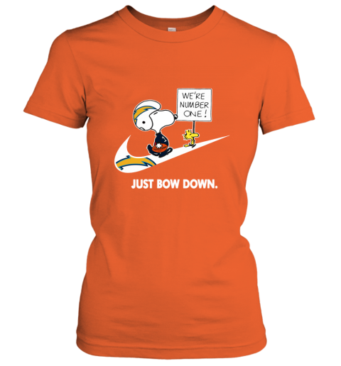 nfl Los Angeles Chargers Are Number One – nike Just Bow Down Snoopy r6mc los angeles chargers are number one ndash just bow dow ladies t shirt 20 front orange