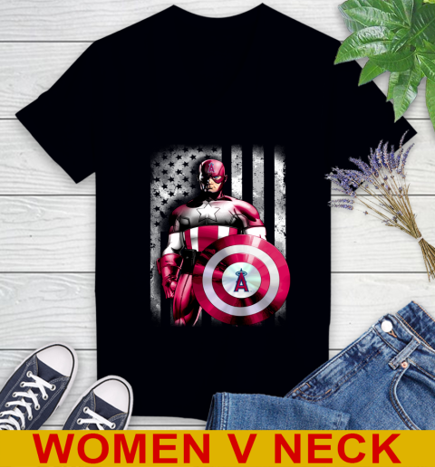Los Angeles Angels MLB Baseball Captain America Marvel Avengers American Flag Shirt Women's V-Neck T-Shirt