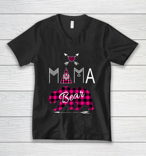 Mama Bear Shirt Buffalo Plaid Pink Family Christmas Camping V-Neck T-Shirt