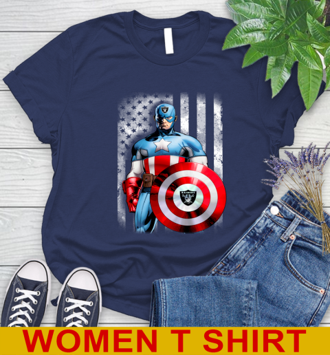 Oakland Raiders NFL Football Captain America Marvel Avengers American Flag Shirt Women's T-Shirt 12