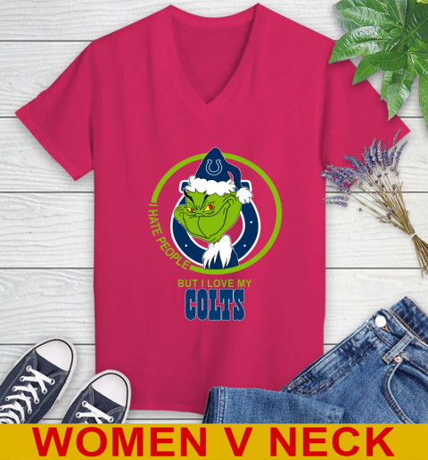 Indianapolis Colts NFL Christmas Grinch I Hate People But I Love My Favorite Football Team Women's V-Neck T-Shirt 10